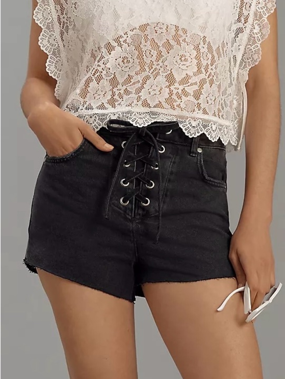Pilcro Black Lace-Up Denim Shorts